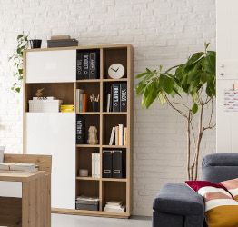 Libreria moderna da ufficio 2 ante,finitura Rovere e Bianco laccato