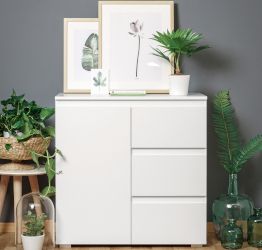 Conveniente credenza  1 anta e 3 cassetti, colore Bianco opaco 