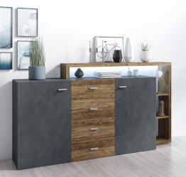  Credenza multiuso 2 ante e 4 cassetti, noce e antracite spatolato