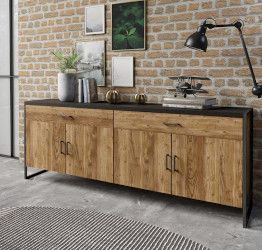 Credenza 4 ante 2 cassetti legno invecchiato e metallo nero 