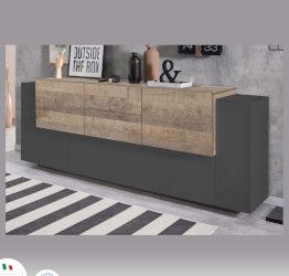 Credenza Made in Italy 5 ante e 2 cassetti, finitura Antracite e Oak