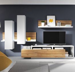 Zona giorno moderna completa, finitura bianco opaco e rovere rustico