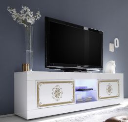 Porta TV, 2 ante, bianco lucido con serigrafia oro, Made in Italy