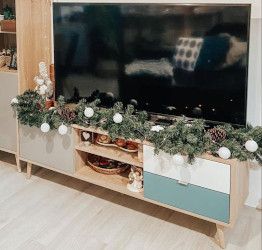 Porta tv lavik stile nordico, finitura quercia, petrolio, grigio e bianco