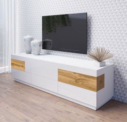 Capiente Porta TV L.206, bianco lucido e rovere naturale 