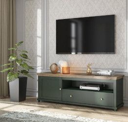 Porta TV composto da 1 anta e 1 cassetto, verde scuro e quercia
