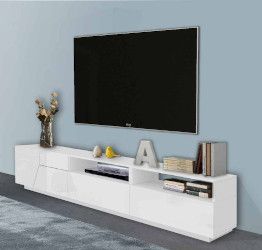 Nuovo Porta TV geometrico larghezza 200 cm, Bianco Lucido 