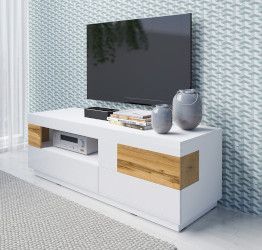 Mobile TV bianco lucido e rovere naturale, L.160 cm
