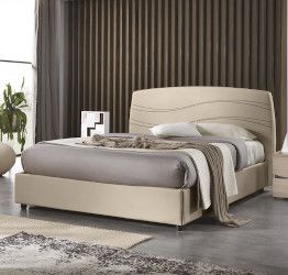 Letto matrimoniale contenitore, finitura ecopelle sabbia