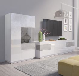 Sala moderna composta da porta TV e vetrina, grigio cemento e bianco lucido 