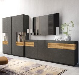 Sala moderna di design composta da Credenza e 2 Vetrine, finitura antracite e rovere naturale