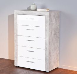 Settimino Moderno di Design, colore cemento e bianco lucido, composto da 5 cassetti