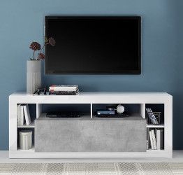 Conveniente Porta TV moderno 1 ribalta, colore Bianco lucido e Cemento