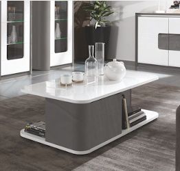 Tavolino da salotto con 2 ante, bianco lucido e grigio basalto lucido