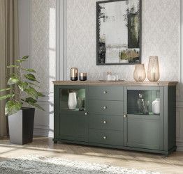 Credenza 2 ante e 4 cassetti, finitura verde scuro e quercia