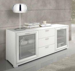 Credenza classica 2 ante in vetro decorate e 3 cassetti, Made in Italy