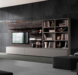 Parete attrezzata made in Italy con libreria in finitura Grigio cenere, Nero e Legno bruciato