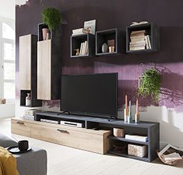 Base porta Tv industry  in finitura Grigio smoke e Rovere