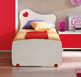 Letto singolo con testata e pediera con inserto a cuore in finitura Larice e Rosso LACCATO