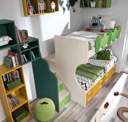 Letto a soppalco offerta: letto Megan in finitura betulla, giallo, verde prato e petrolio