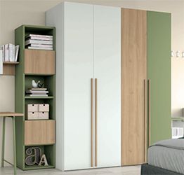 Armadio moderno con 4 ante battenti in finitura Bianco opaco, Rovere Oak e oliva