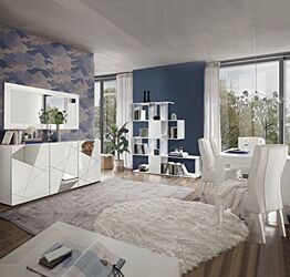 Soggiorno con libreria, credenza e tavolo in Bianco lucido