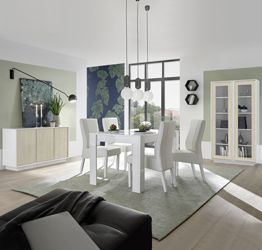 Offerta soggiorno Luminosa con vetrina, madia e tavolo in Bianco lucido e Olmo