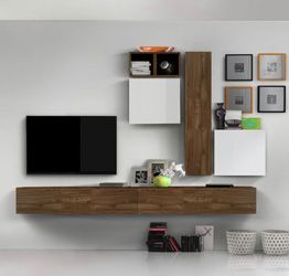 Soggiorno Zenzero, parete attrezzata, moderna e di design, Noce Dark, Mercure e Bianco lucido