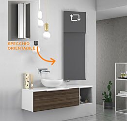 Bagno di design sospeso Bianco, Noce e Grigio con specchio inclinabile