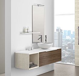 Composizione bagno sospesa Noce, Bianco con cubotto in pietra naturale Beige