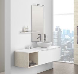 Composizione bagno sospesa Bianco con cubotto in pietra naturale Beige