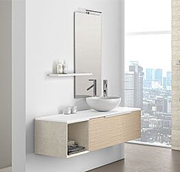 Composizione bagno sospesa Rovere, Bianco con cubotto in pietra naturale Beige