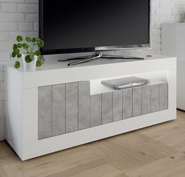 Porta TV a 3 ante, moderno e di design, finitura Bianco Lucido e cemento