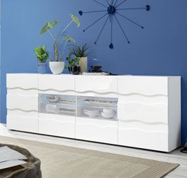 Madia onda a 2 ante 4 cassetti, finitura bianco lucido, design moderno