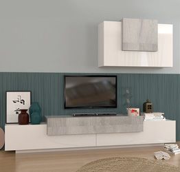 Mobile porta TV dal design moderno in finitura bianco lucido e rovere grigio