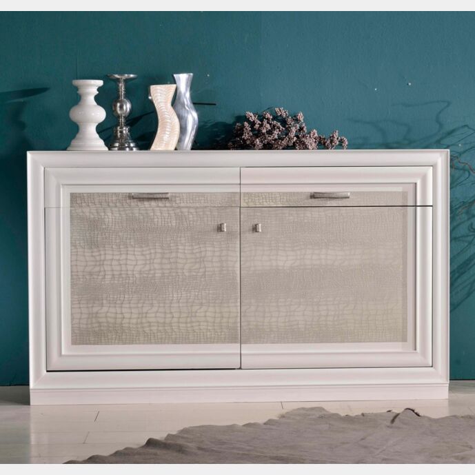 Credenza in legno finitura laccato bianco e craquele' argento, con 2 porte e 2 cassetti 150x90