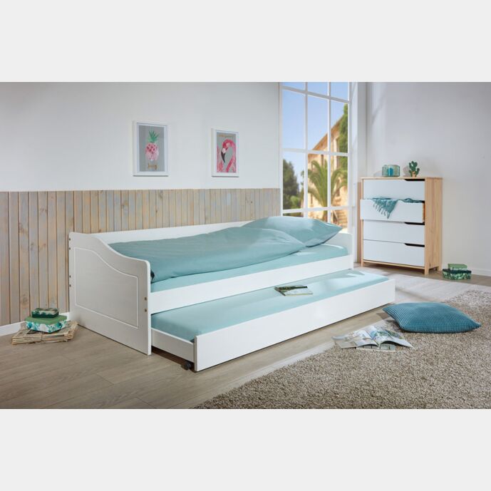 Letto in legno massiccio, con secondo letto estrailbile con ruote