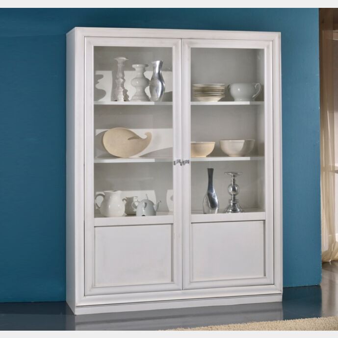 Vetrina a 2 porte in legno finitura bianco patinato, 140x45 H.185