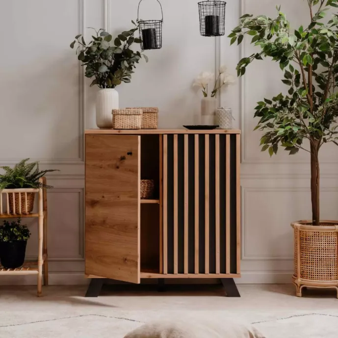 Madia salvaspazio stile nordico 2 ante, finitura Rovere Oak e Antracite in offerta