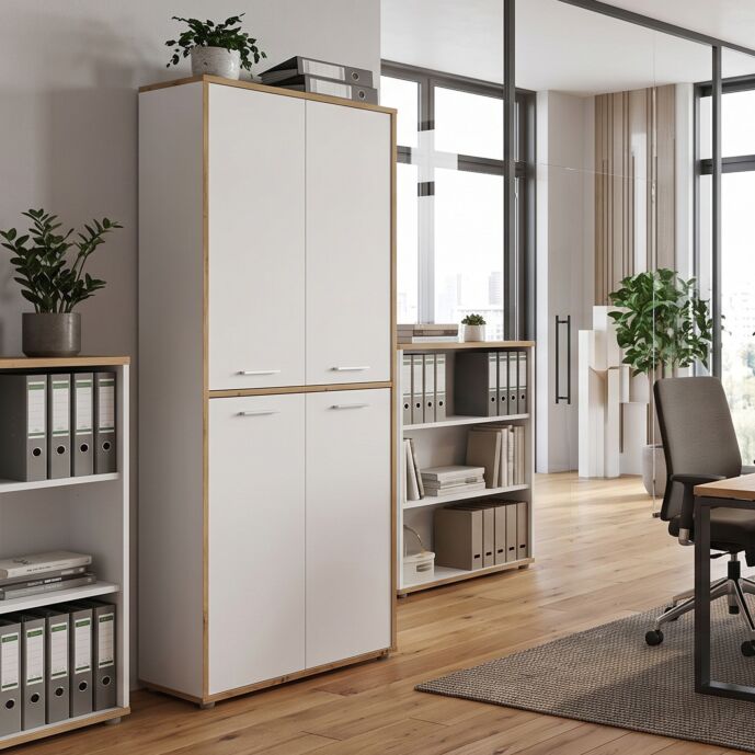 Armadietto da ufficio, 85x227x42 h cm, Bianco e Rovere Artisan