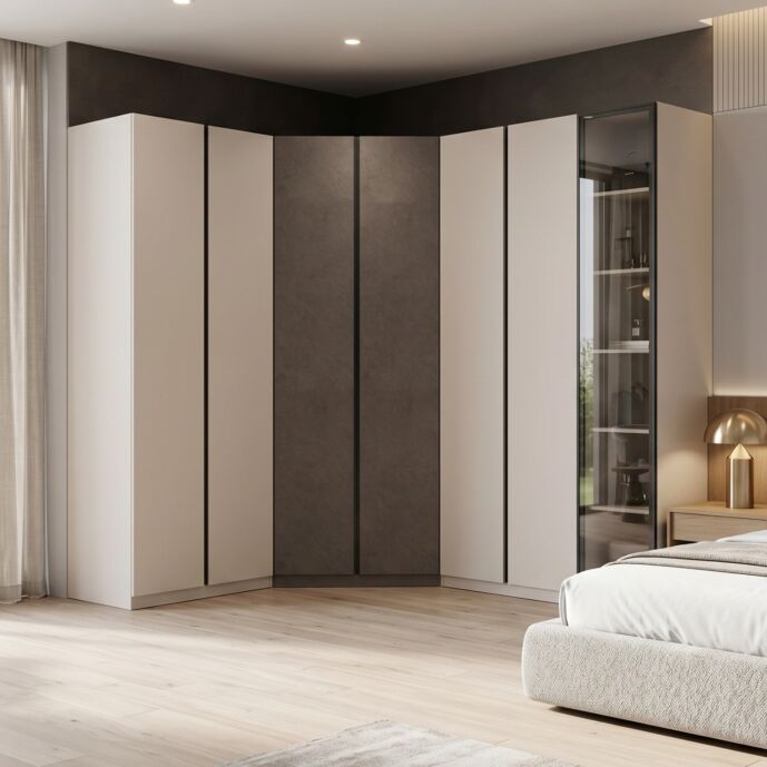 Armadio angolare 7 ante battenti, Cashmere e Bronzo con anta vetro