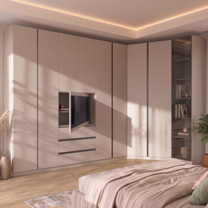 Armadio con pannello tv e cabina, Cashmere e Antracite, 396x166