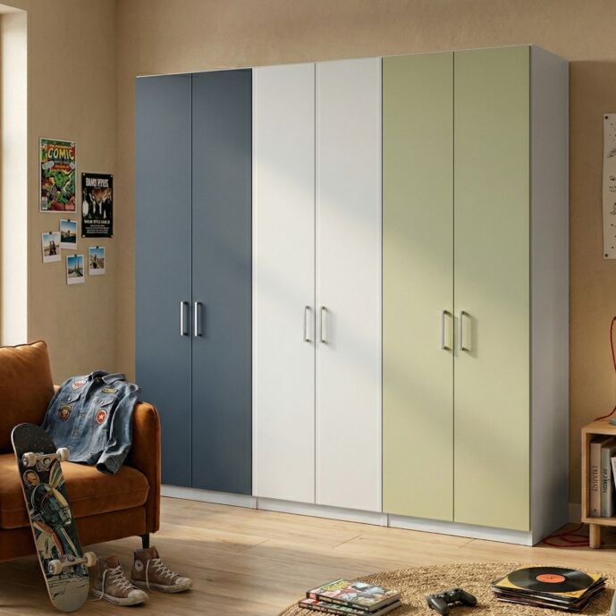 Armadio camerette a 6 ante, Blu navy, Gesso e Pistacchio, L.270