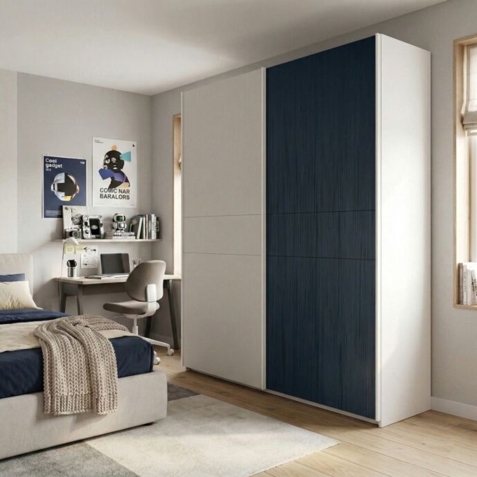 Armadio 2 ante scorrevoli, Gesso, Blu navy e Bianco opaco, L.220