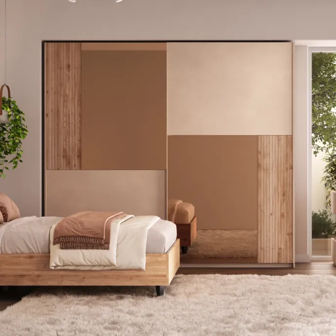 Armadio 2 ante scorrevoli, Cashmere e cannettato Cadiz, specchi bronzo