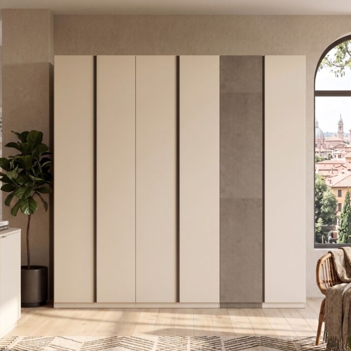 Armadio 6 ante, Cashmere e Bronzo, maniglie a gola