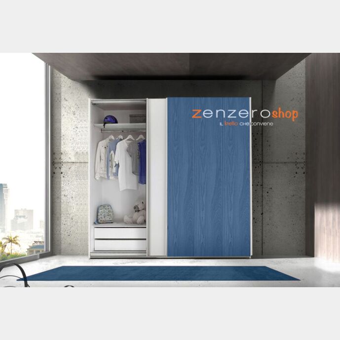 Armadio Vertigo 2 ante scorrevoli L.243 H.230 con anta tutta blu e bianca opaca