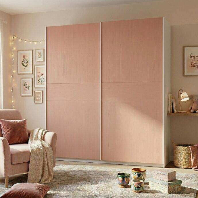 Armadio 2 ante scorrevoli, Bianco opaco e Flamingo, L.220