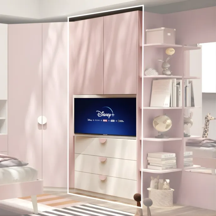 Armadio con pannello tv girevole e cassetti, Bianco opaco e Flamingo