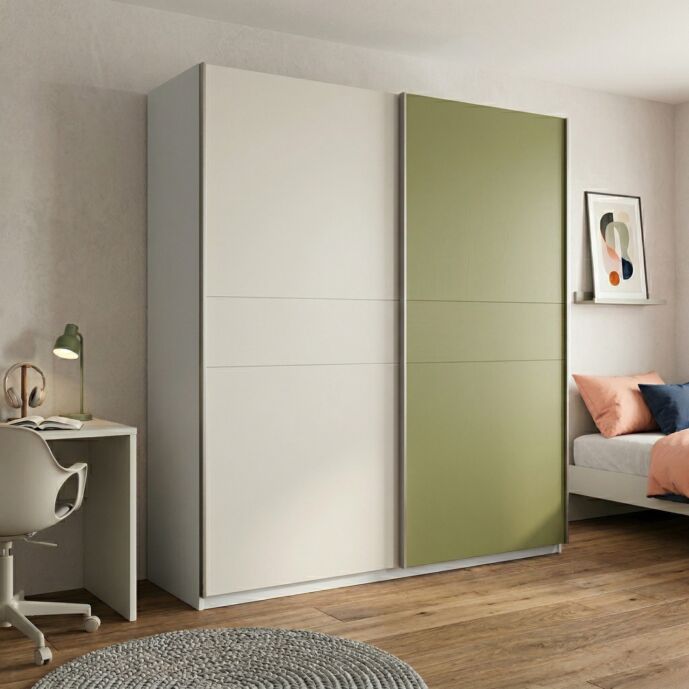 Armadio 2 ante scorrevoli, Bianco opaco, Gesso e Pistacchio, L.220